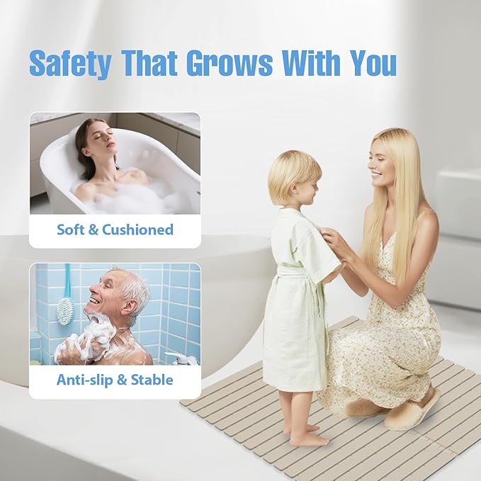 ​Shower Mat Non-Slip Bath Mat for Tub and Shower Stall,200+ Suction Cups with Drain Holes, Quick Dry Machine Washable, Extra Grip for Stand Up Showers, Bathroom Essentials 24x24 Inch (Light Brown) - Image 9