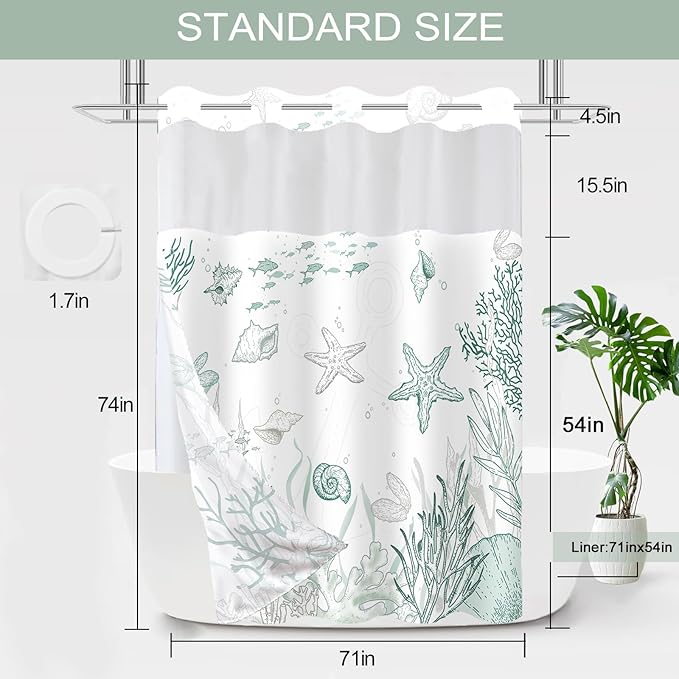 No Hook Shower Curtain with Snap in Liner, Beach Ocean Nautical Coastal Shower Curtains and Liner Set for Bathroom, Seashell Hotel Fabric Bath Curtain, Waterproof Washable, Green 71" x 74" - Image 7