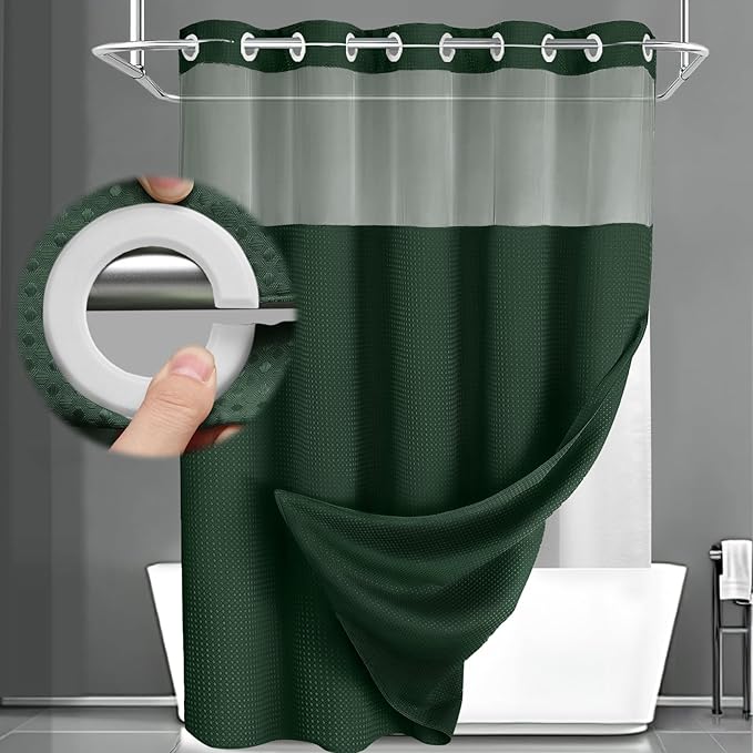 No Hook Shower Curtain and Liner Set,Dark Green Hotel Waffle Shower Curtain with Liner 75" L x 72" W by Unknown