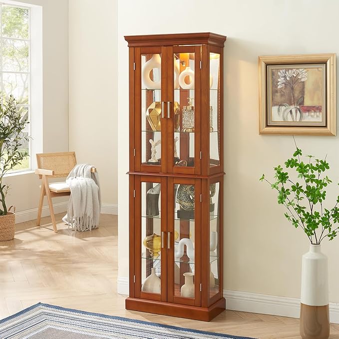 Lighted Wooden Display Curio Cabinet,Cabinet with Tempered Glass Door & 6 Shelves,Vintage 3 Side Glass,E26 Light Bulb Unincluded - Image 6