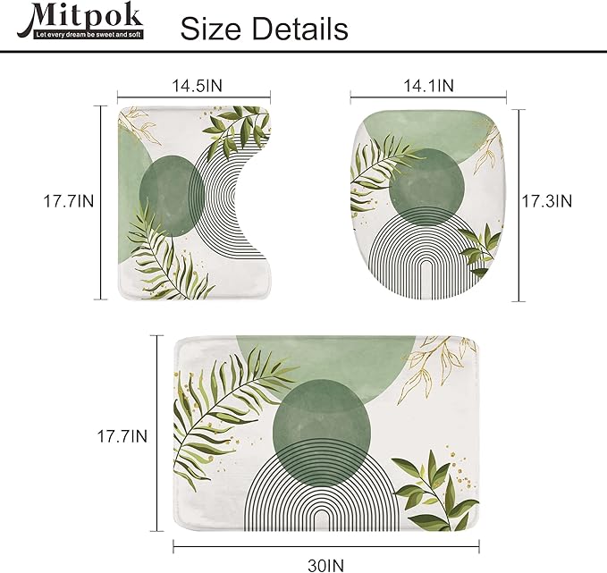 4 PCS Sage Green Boho 72Wx72H Shower Curtain Set Modern Leaves Mid Century Plant Bath Rug Toilet Lid Cover Nonslip U Shape Mat Quick Dry Rubber Backed Dirt Resistant Accessories Bathroom Decor - Image 5
