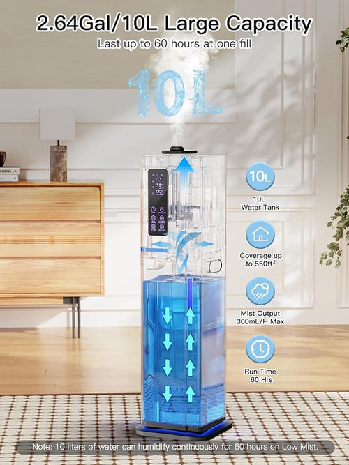 10L/2.64Gal Humidifier, Top Fill Quiet Ultrasonic Cool Mist Humidifiers for Bedroom, Covers 550ft², 60H Runtime, 24H Timer, 3 Mist Modes Humidifier Large Room, Home, Office, Plants, Black - Image 2