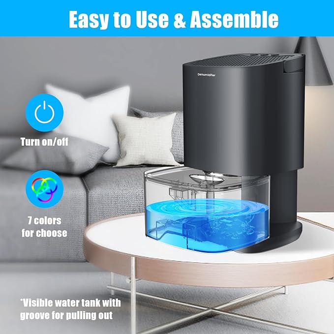 Dehumidifiers for Bedroom 35oz Small Dehumidifier for Home 2500 Cubic Feet(350sq ft) with 7 LED Lights, Ultra Quiet & Auto Shut off Dehumidifier for Bathroom Basement Closet Garage RV, Black - Image 5
