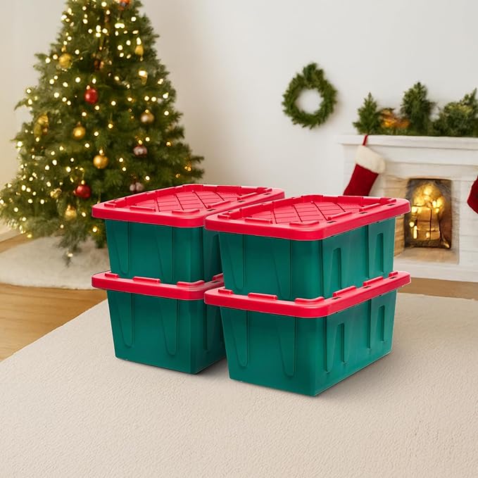 HOMZ 4-Pack Durabilt Tote, Heavy Duty Plastic Storage Bins with Lids, 15 Gallon, Green/Red - Stackable Organizing Containers for Home, Garage, and Office - Image 8