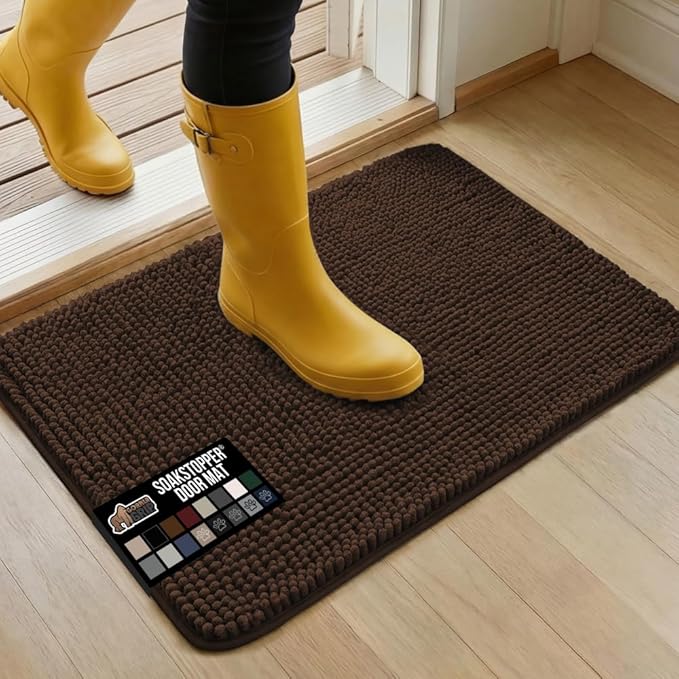GORILLA GRIP SOAKSTOPPER Dog Door Mat, 30x20 Machine Washable Rug Absorbent Doormat Captures Moisture Mud Dirt, Quick Dry Soft Chenille Entryway Rugs Indoor Entrance Mats for Dog Paws, Brown by GorillaGrip