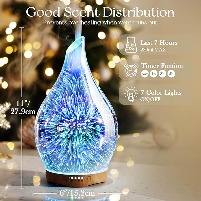 Porseme Essential Oil Diffuser 280ml Aromatherapy Ultrasonic Oil Diffusers 3D Glass Cool Mist Humidifier, Air Refresh Auto Shut-Off, Timer Setting, BPA Free for Home Hotel Yoga Leisure SPA Gift - Image 3
