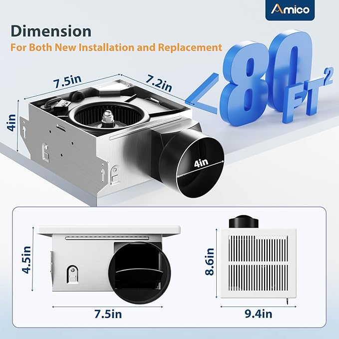 Amico Bathroom Exhaust Fan, 1.0 Sones, 80 CFM, Low Noise, Easy to Install, Ceiling Mounted Retrofit Ventilation Fans, No Attic Access Needed- UL Certified - Image 2