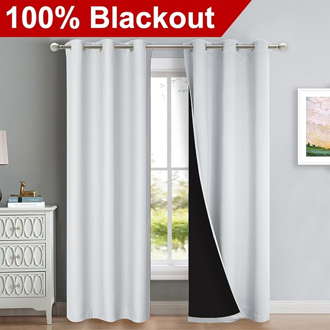 NICETOWN Blackout Curtains 80 inches Long, 2 Pieces, 42" Wide Each Panel, Greyish White, Full Light Blocking Drapes with Black Liner for Nursery, Thermal Insulated Draperies for Hall, Villa - Image 2