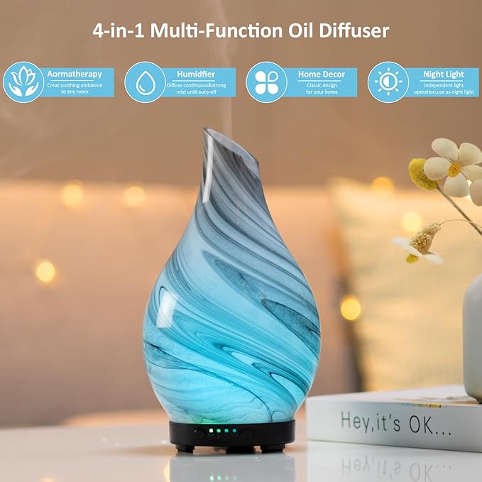 Essential Oil Diffuser 120ml Ultrasonic Aromatherapy Diffuser with Handmade Glass with Auto Shut-Off Protection 4 Timer Setting 7 Colors Changed LED Diffuser for Home Yoga Office Gifts for Women - Image 3
