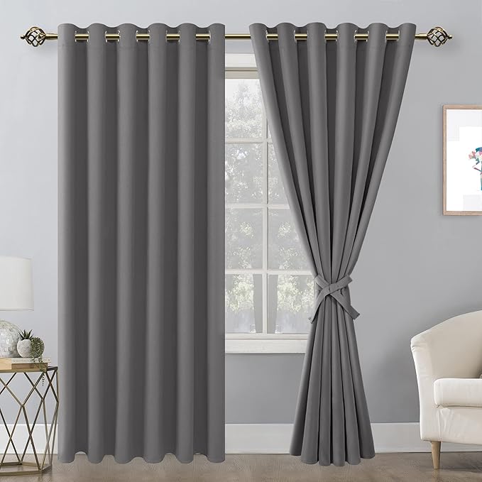 Hiasan Grommet Blackout Curtains for Bedroom, 70 x 84 Inches - Thermal Insulated & Light Blocking Window Drapes for Living Room/Dorm Room, Set of 2 Panels Sewn with Tiebacks, Light Grey - Image 2