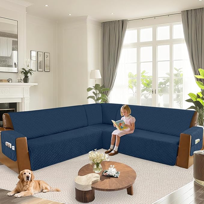 Arfntevss Waterproof Sectional Couch Covers L Shape Washable Velvet Sofa Cover for Sectional Non Slip Large Corner Slipcovers Dog 6 Pcs Universal U Shaped Furniture Protector (Dark Blue, Large) - Image 6