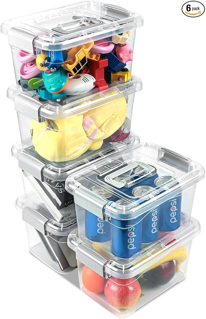 Plastic Storage Bins 7 Quart-Storage Organizer Bins with Grey Buckle Lids, Stackable Storage Bins with Lids for Home Office Kids Room Closet School Art Supplies Organization,6 Packs, Clear by EasyCozyHomey