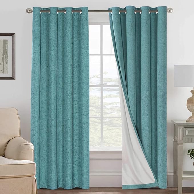H.VERSAILTEX Linen Blackout Curtains 96 Inches Long 100% Absolutely Blackout Thermal Insulated Textured Linen Look Curtain Draperies Anti-Rust Grommet, Energy Saving with White Liner, 2 Panels, Teal by HVERSAILTEX