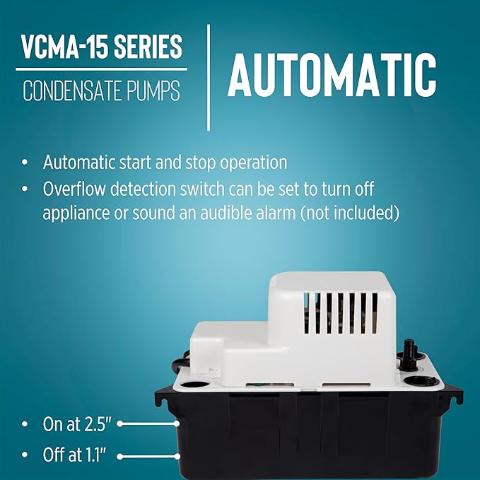 Little Giant VCMA-15ULST 115 Volt, 65 GPH, 1/50 HP Automatic Condensate Removal Pump for HVAC/Refrigeration Systems/Dehumidifiers with Overflow Detection Switch and 20-Foot Tubing, Black/White, 554415 - Image 6