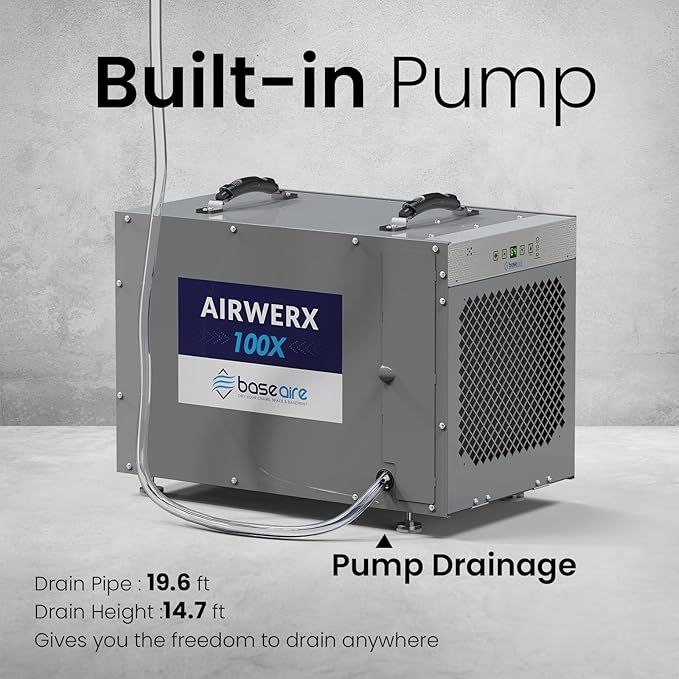BaseAire 220 Pints Crawlspace Dehumidifiers with Pump and Drain Hose, Commercial Dehumidifier for Home,Garage and Basement, Large Capacity, Compact, Auto Defrost, Intelligent Control, Up to 2900 Sq Ft - Image 5