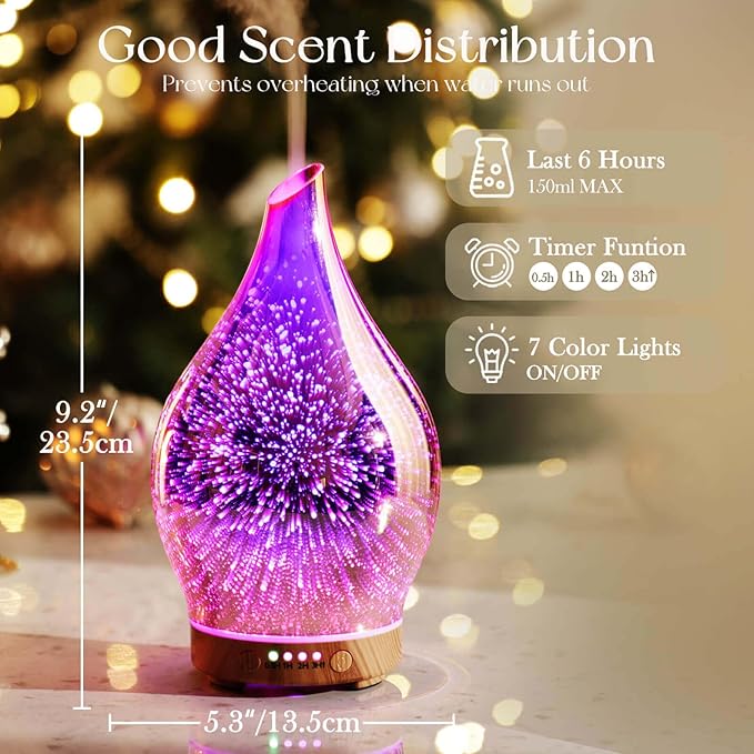 Porseme Essential Oil Diffuser 3D Firework Glass Aromatherapy Ultrasonic Humidifier Rose Gold, Auto Shut-Off, Timer Setting, BPA Free, Aroma Decoration for Home, Office, Gym, Spa, Premium Gift 150ml - Image 3