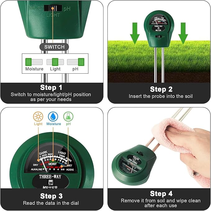 3-in-1 Soil pH Meter - Moisture, Light, and pH Tester for Garden, Lawn, Farm, Indoor & Outdoor Plant Care, Green - Image 4