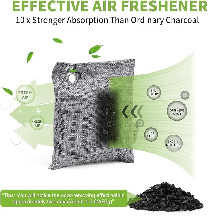 CLEVAST 16 Pack Activated Bamboo Charcoal Air Purifying Bags(8x100g, 8x50g), Natural Fresh Odor Absorber, Deodorizer and Moisture Eliminator, Air Purifier Bags for Home, Closet, Car Air freshener - Image 4