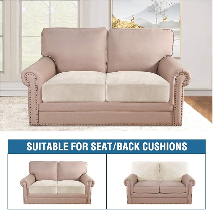 H.VERSAILTEX Velvet Stretch Couch Cushion Cover Plush Cushion Slipcover for Chair Loveseat Sofa Cushion Furniture Protector Seat Cushion Sofa Cover (2 Piece Medium Sofa Cushion Covers, Ivory) - Image 3