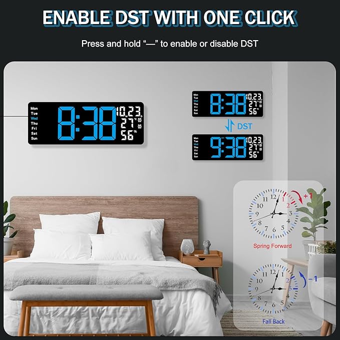 JoFomp 17.3" Large Digital Wall Clock, LED Digital Clock Large Display with Remote Control, Alarm Clock with Temp/DST/Dimmer/Humidity/Timer/Ambient Light - 12/24H, Alarm Wall Clock for Bedroom - Image 7