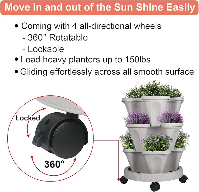 GameXcel Vertical Planter 3 Tier Stackable Planters Garden Planters Strawberry Herb Flower and Vegetable Planter Indoor Outdoor Gardening Pots with Removable Wheels and Tools - Image 6