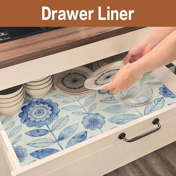 Drawer and Shelf Liner for Kitchen Cabinets Non-Adhesive Strong Grip Floral Shelf Liner Non-Slip Waterproof Blue Flower Drawer Liner for Cupboard Shelves Easy to Clean Cabinet Liner 16IN×10FT - Image 9