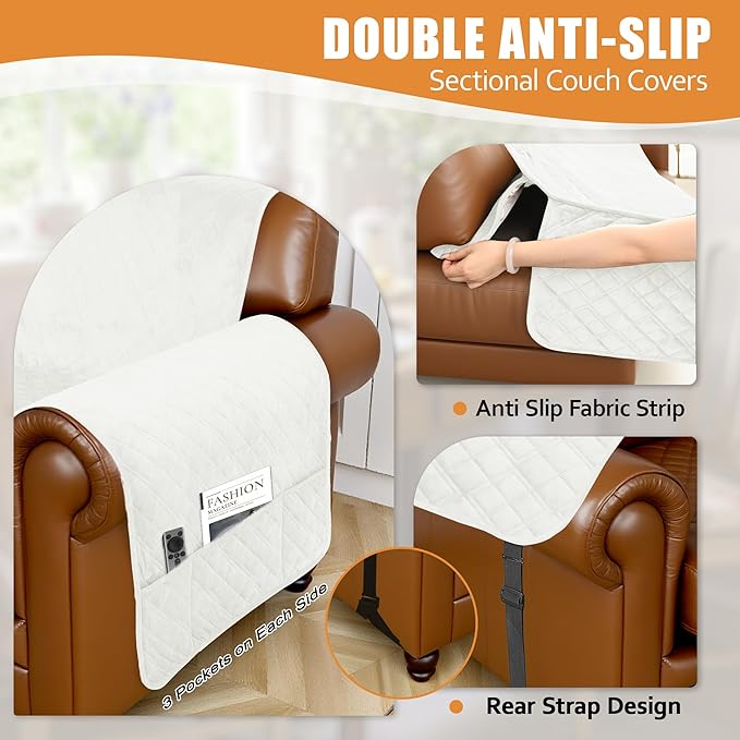 Arfntevss Waterproof Sectional Couch Covers L Shape Washable Velvet Sofa Cover for Sectional Non Slip U Shaped Corner Sofa Slipcover Sets Dog 6 Pcs Universal Furniture Protector (Cream White, Small) - Image 4