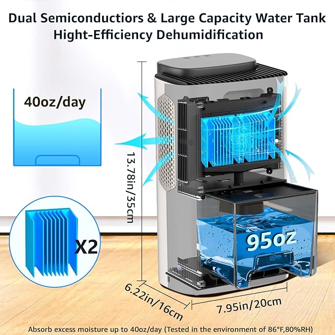 Dehumidifier,95 OZ Water Tank, (1000 sq. ft) Quiet Dehumidifier for Basement, Bathroom, RV, Closet, Bedroom with Auto Shut Off, Sleep Mode,7 Colors LED Light, Dehumidifiers for Home (White/Black) - Image 3