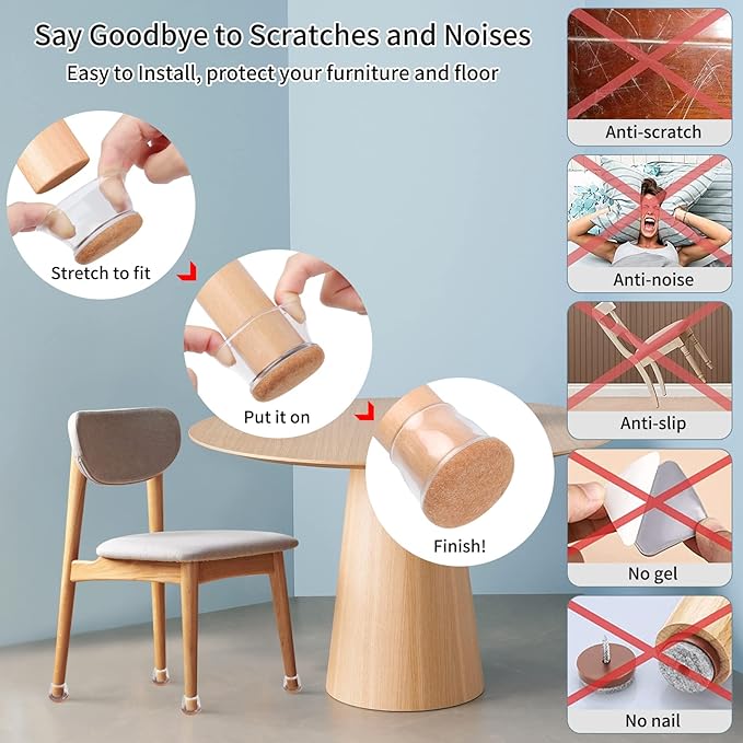 Ezprotekt 8 Pcs Extra Large Chair Leg Protectors with Felt, Silicone Felt Furniture Pads, Floor Protectors for Chair, Bar Stools Leg Protectors Caps, Table Leg Cups Covers (XL Fit: 1.4"-1.65", Clear) - Image 7