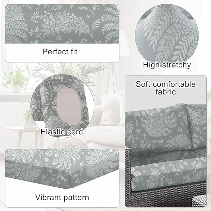Ourdoor Cushion Covers Waterproof Set of 8 Floral Printed Stretch Patio Chair Cushino Covers for Patio Furniture Replacement,Washable Couch Covers for Furniture(Grey) - Image 3