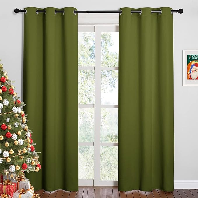 NICETOWN Holiday Christmas Decor Thermal Insulated Solid Grommet Blackout Curtains/Drape for Living Room (1 Pair, 42 by 84 inches, Olive Green) by NICETOWN