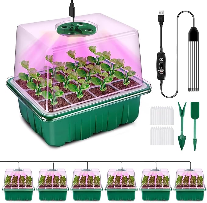 YAUNGEL Seed Starter Tray with Grow Light, 6 Pack Seed Starter Kit with Timing Controller Adjustable Brightness, Thicken Seedling Starter Trays with Humidity Domes Heightened Lids, Gift Box by YAUNGEL