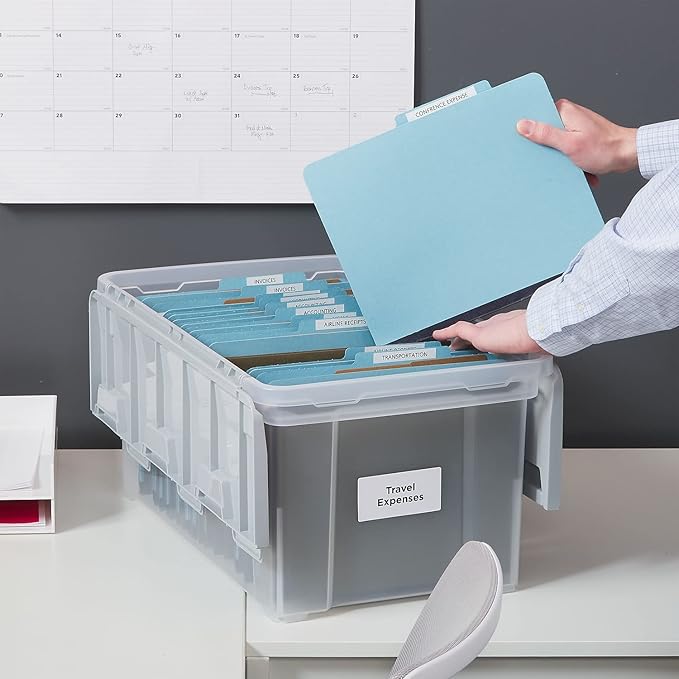 STAPLES Hanging File Folder Box, Storage Bin Organizer, Wing Lid, Letter Size Documents, Gray/Clear - Image 6