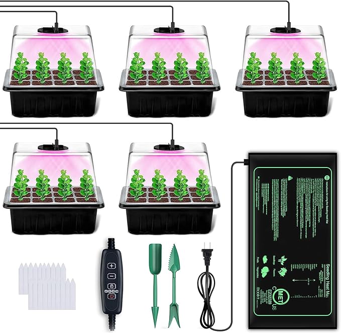 YAUNGEL Seed Starter Tray with Grow Light, 5 Pack Seed Starter Kit with Heat Mat, Seed Tray with Timing Controller Adjustable Brightness and Humidity Domes Heightened Lids, Black by YAUNGEL