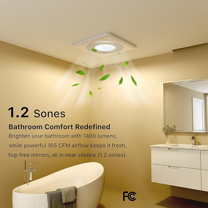 Bathroom Exhaust Fan with Light: 165CFM Shower Bathroom Vent Fan with 11.8IN 15w Led Light Combo Quiet 1.2 Sones Bath Ceiling vent with Adjustable Led Light 3000k/4000k/6500k For Home Bath - Image 3
