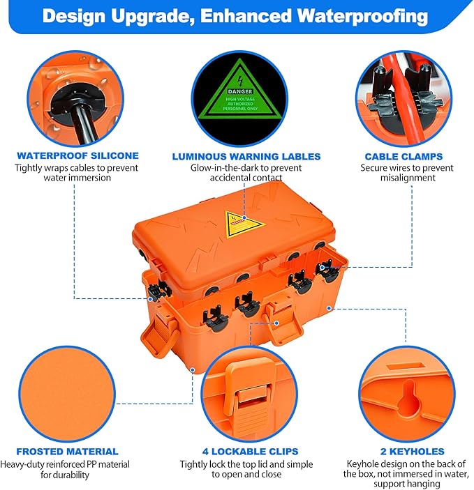 Hrensaw Medium Outdoor Electrical Box(10.6x5.5x4.5inch),Weatherproof Connection Box w/6 Cable Entry,IP54 Waterproof Extension Cord Cover Protect Power Strip,Timer,Plug,Holiday Lights,Orange - Image 3