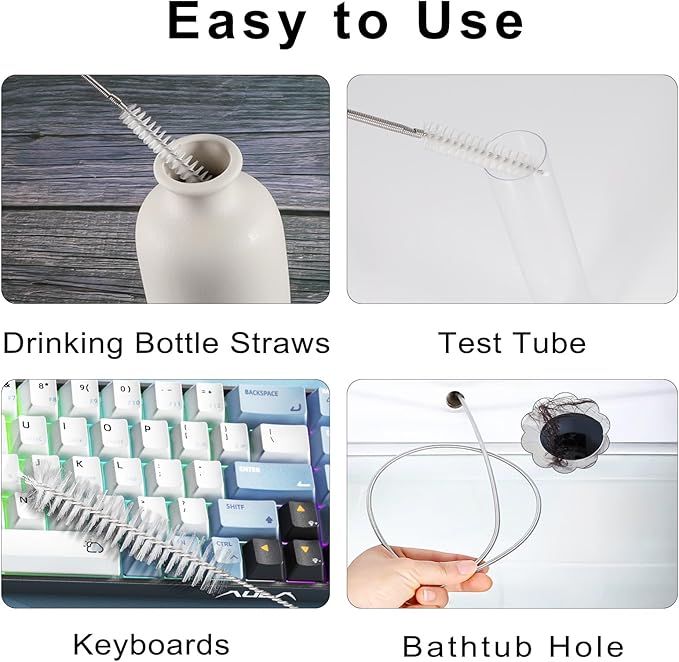 CiaraQ Bottle Cleaning Brushes, 8 Inch Nylon Tube Brush Set & A Flexible Long Drain Brush 60 inch, Cleaner for Narrow Neck Bottles Cups with Hook, Set of 11pcs, White - Image 7