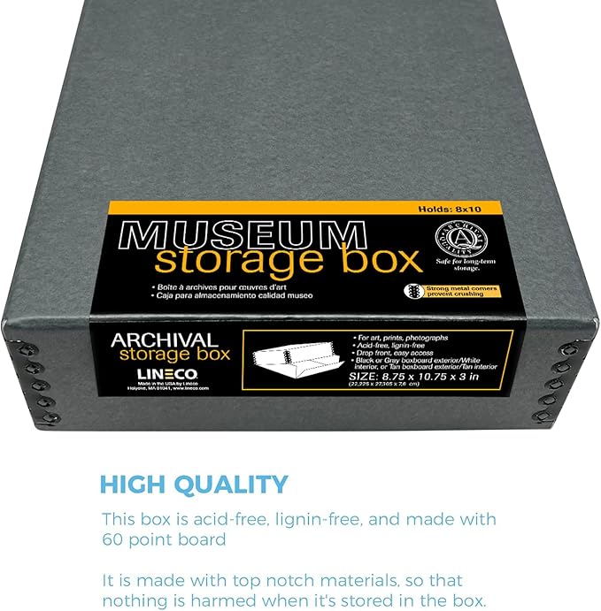 Lineco Museum Archival Storage Box, 8.75x10.75x3 in. Drop Front Design. Acid-Free with Metal Edge. Organize Photos, Pictures, Prints, Documents, Crafts, DIY. Gray, 1 Pack - Image 9