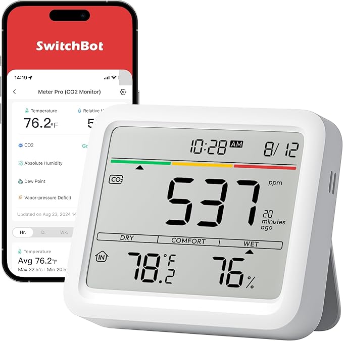 SwitchBot CO2 Detector, Air Quality Monitor Indoor, CO2 Monitor for CO2/TEMP/Humidity, Portable Carbon Dioxide Detector for Home/Car/Office/Greenhouse by SwitchBot