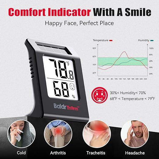 BaldrTherm Humidity Meter Hygrometer, Solar-Powered Room Thermometer Indoor Digital Temperature Sensor Monitor, 2.2''Humidity Gauge for Baby Rooms, Home, Office, 1Pack, Black - Image 5
