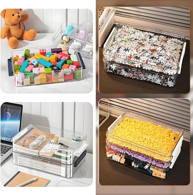 2 Pcs Plastic Portable Project Case, Clear Stackable Storage Boxes Organizer for A4 Files, Scrapbooks, Art Supplies (‎Blue Latch, Small) - Image 5
