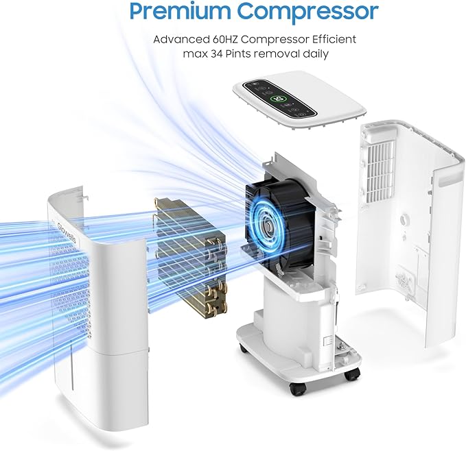 2500 Sq.Ft Dehumidifiers for Home Basement with Drain Hose, 34 Pints Large Room Dehumidifier Portable with Smart Humidity Control, 3 Opeartion Modes for RV, Bathroom, Bedroom - Image 2