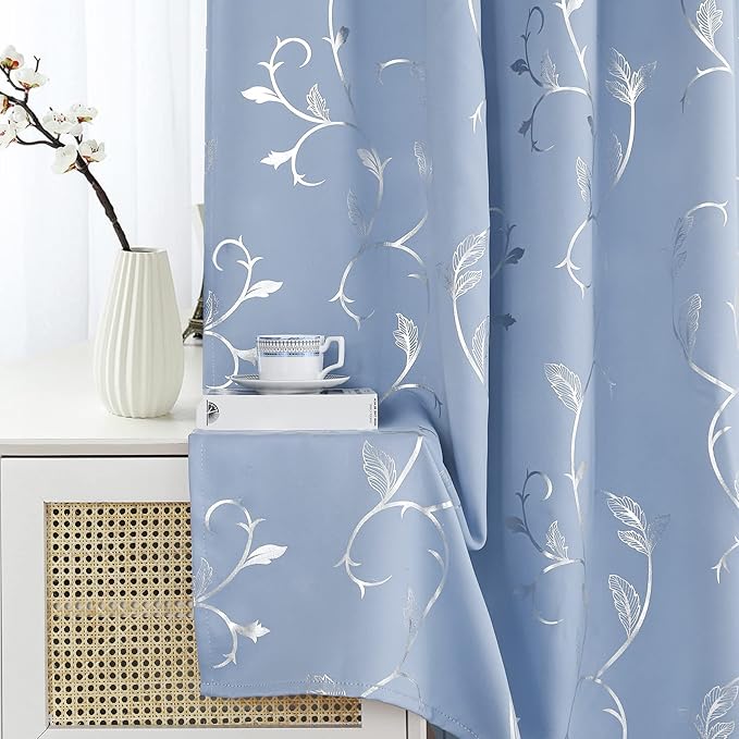 BUHUA Blue Blackout Curtain 2 Panel Set Silver Vine Foil Print Thermal Insulated Drapes Room Darkening Curtains Grommet Window Treatment, 52 x 96 Inch, Light Blue - Image 3