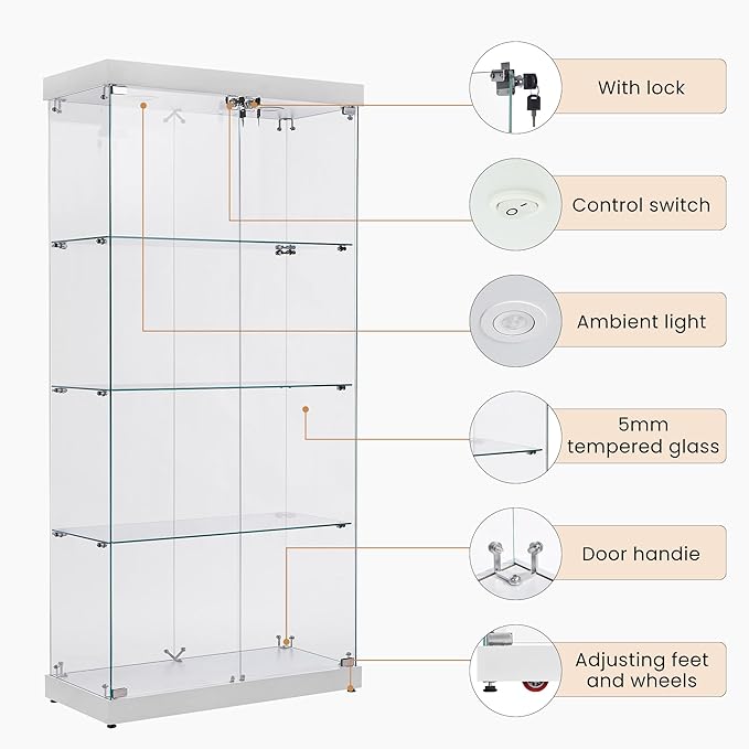 Yoluckea 4 Shelves Glass Display Cabinet with Light and 2 Doors, Floor Standing Clear Glass Curio Cabinet Collection Display for Living Room Bedroom 66.3” x 31.5” x 14.2” White - Image 6