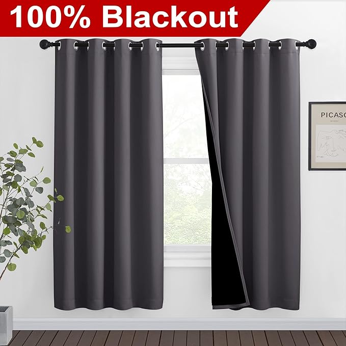 NICETOWN Grey Full Shade Curtain Panels, Pair of Thermal Insulated & Energy Efficiency Blackout Curtains for Living Room Windows, Lined Silky Performance Window Dressing (46" Wide x 72" Long, Gray) - Image 2