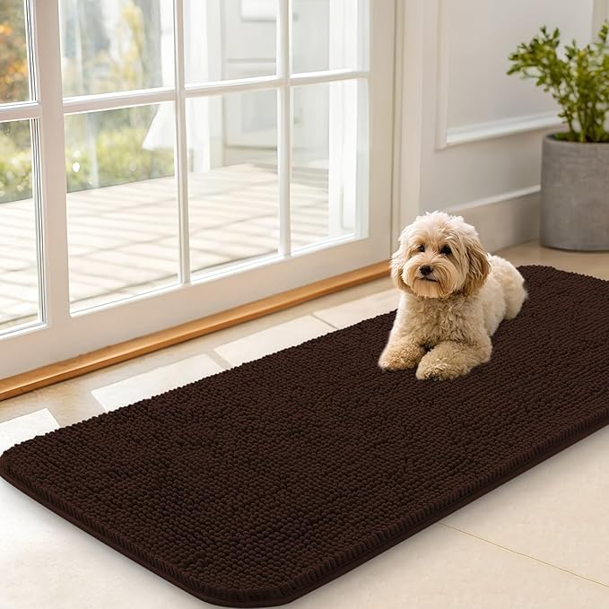 OLANLY Dog Door Mat for Muddy Paws 47x20, Absorbs Moisture and Dirt, Absorbent Non-Slip Washable Doormat, Quick Dry Chenille Mud Mat for Dogs, Entry Indoor Entryway Carpet for Inside Floor, Brown by OLANLY
