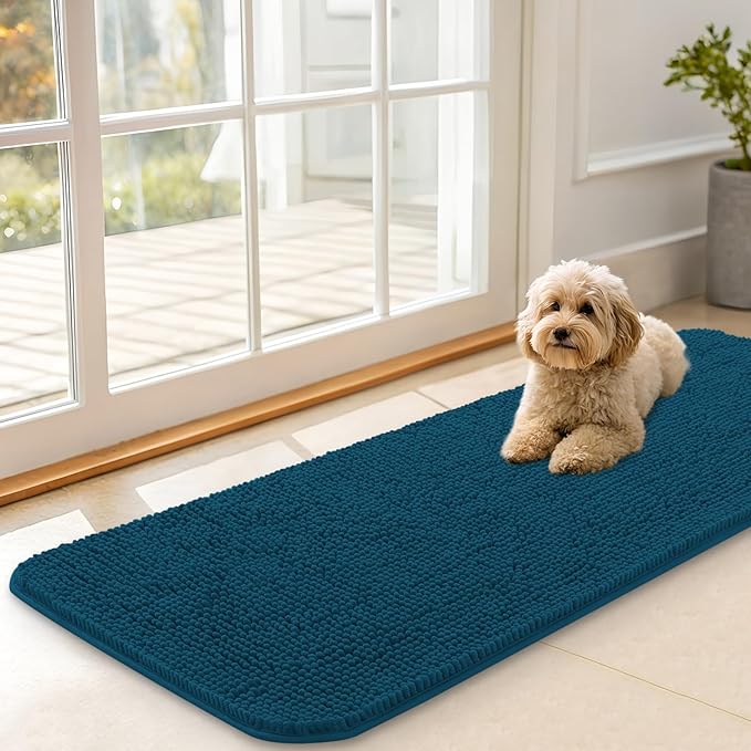 OLANLY Dog Door Mat for Muddy Paws 47x17, Absorbs Moisture and Dirt, Absorbent Non-Slip Washable Doormat, Quick Dry Chenille Mud Mat, Entry Indoor Entryway Carpet for Inside Floor, Atlantic Blue by OLANLY