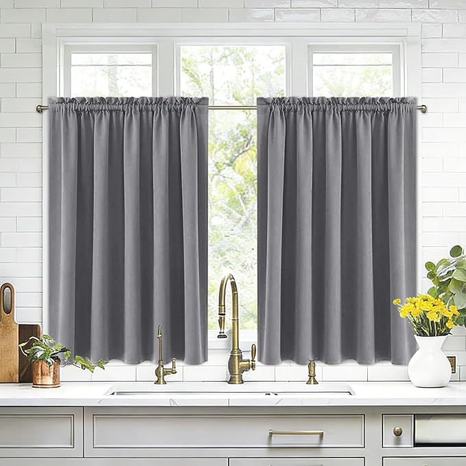 DWCN Grey Blackout Curtains for Half Window, Thermal Insulated Energy Saving Room Darkening Curtains for Kitchen/Bedroom (W60 x L36 inch, Set of 2 Panels, Top of Rod Pocket) by DWCN