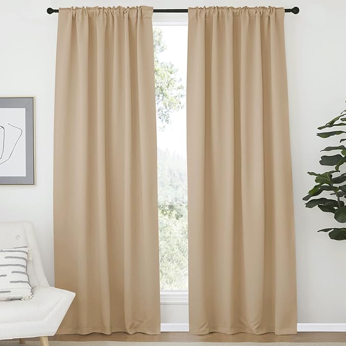 NICETOWN Window Treatment Blackout Window Blinds - (Biscotti Beige Color) 52x72 Inch, 1 Pair, Back Tab/Rod Pocket Blackout Draperies for Bedroom - Image 2
