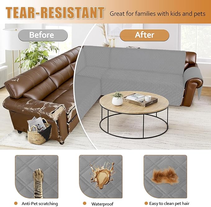 Arfntevss Waterproof Sectional Couch Covers L Shape Washable Velvet Sofa Cover for Sectional Non Slip Large Corner Slipcovers Dog 6 Pcs Universal U Shaped Furniture Protector (Silvery Gray, X-Large) - Image 7